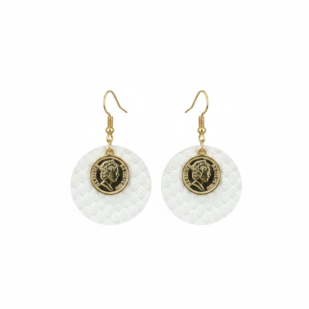 White Coin Snake Leather Earrings