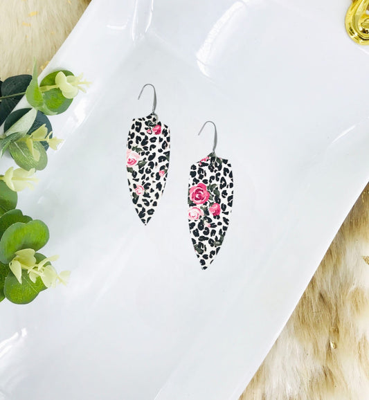 Roses over Black Spotted Leopard Leather Earrings - E19-1754
