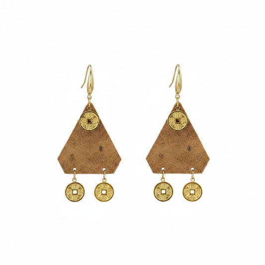 Rustic Pecan Triangle Coin Leather Earrings