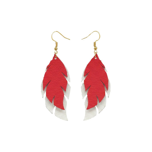 Living Coral and White Layered Feather Leather Earrings