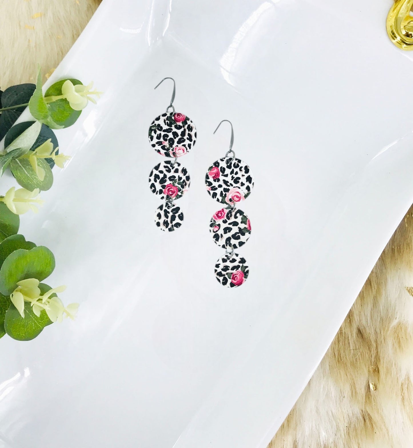 Roses over Black Spotted Leopard Leather Earrings - E19-1765