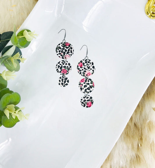Roses over Black Spotted Leopard Leather Earrings - E19-1765