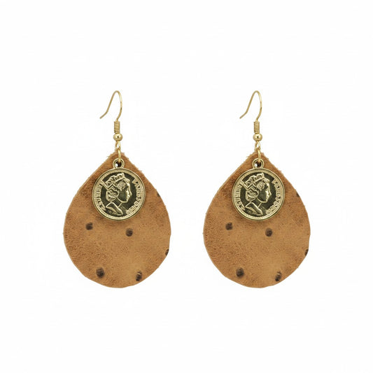 Rustic Pecan Coin Teardrop Leather Earrings