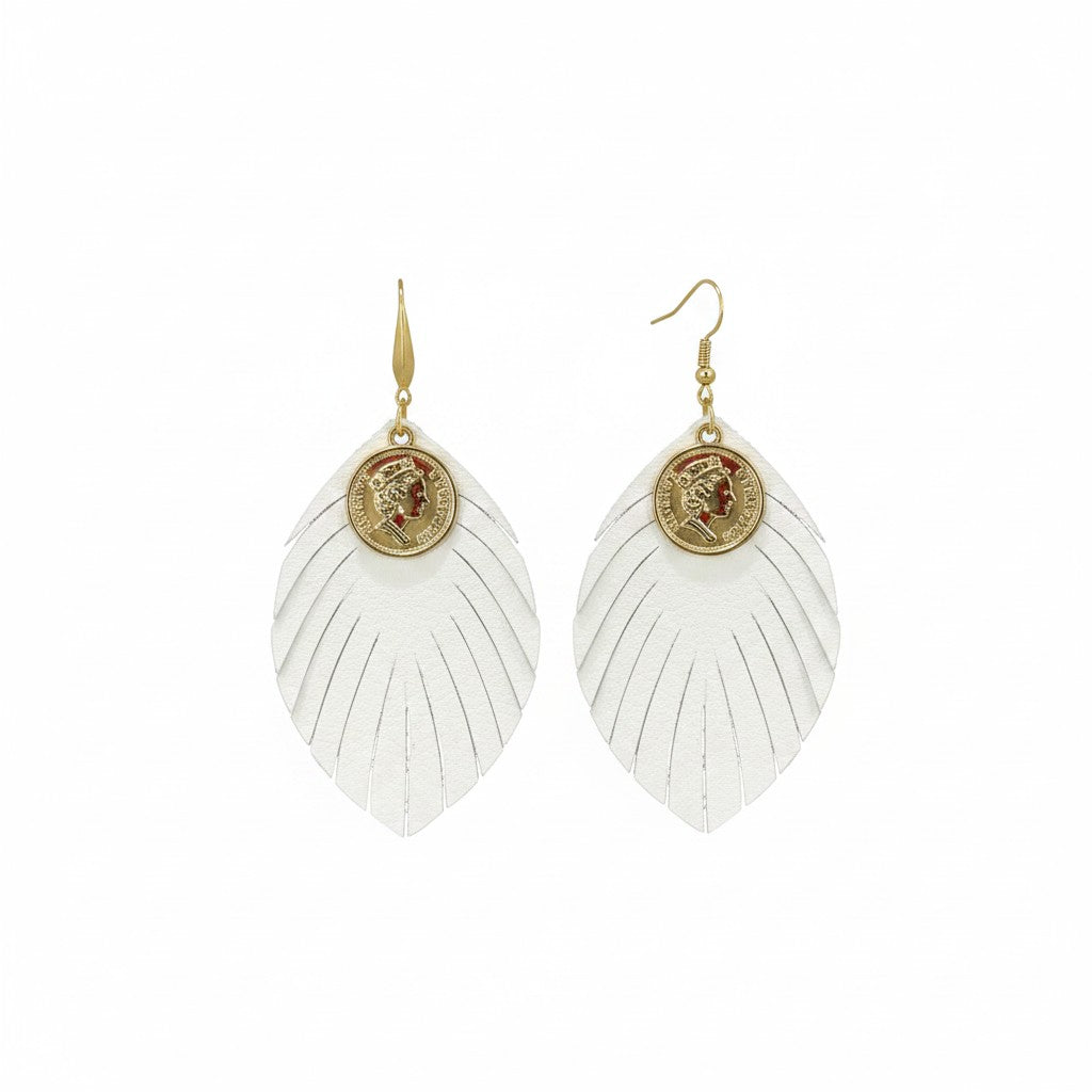 White Duchess Leaf Leather Earrings