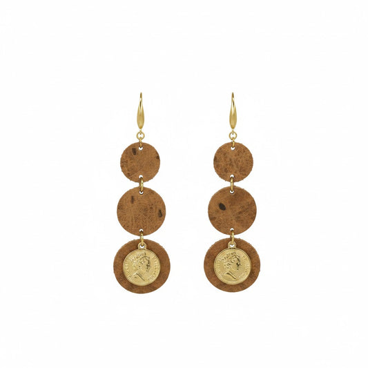 Rustic Pecan Triple Circle Leather Earrings