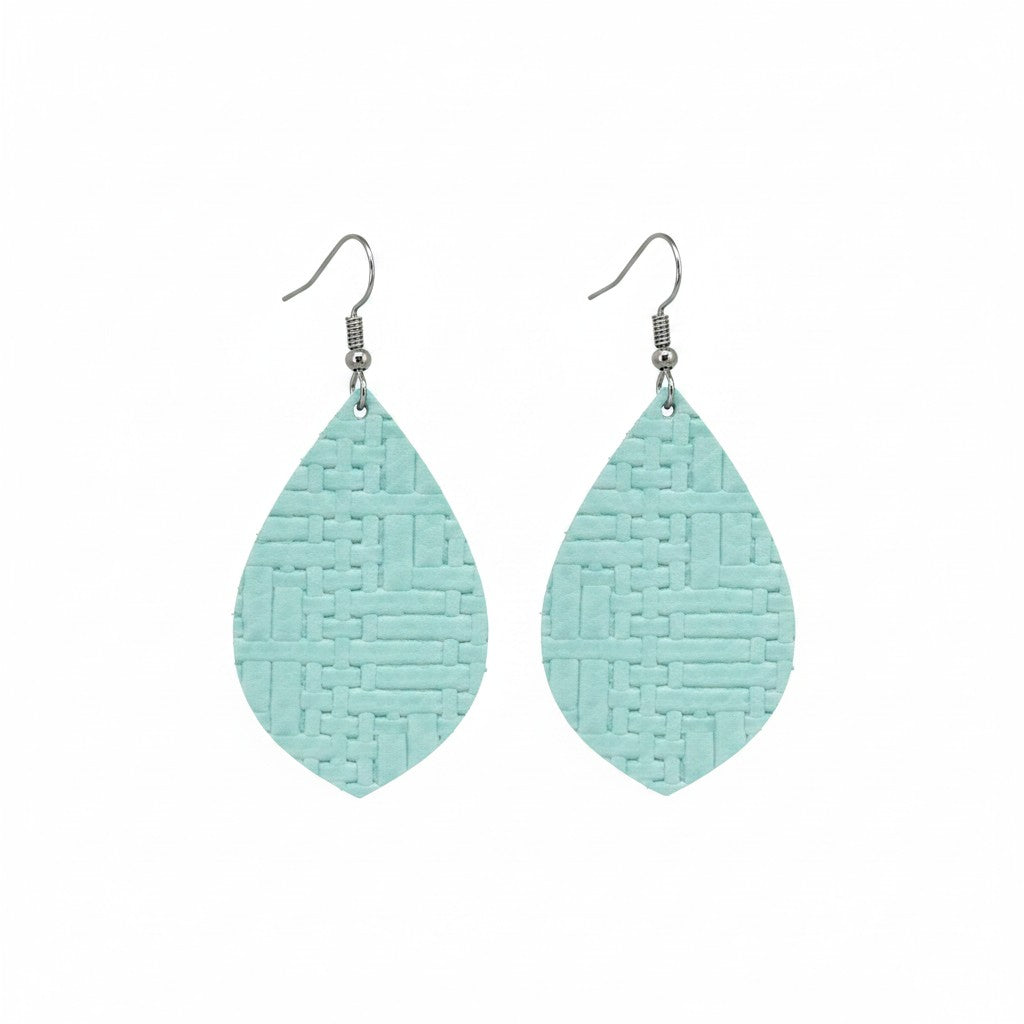 Robin Egg Mint Basket Weave Teardrop Leather Earrings