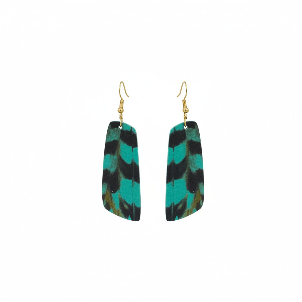 Aqua Pheasant Feather Angled Bar Leather Earrings