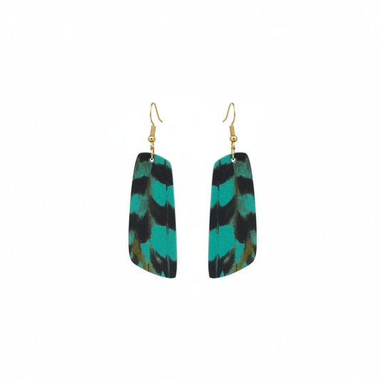 Aqua Pheasant Feather Angled Bar Leather Earrings