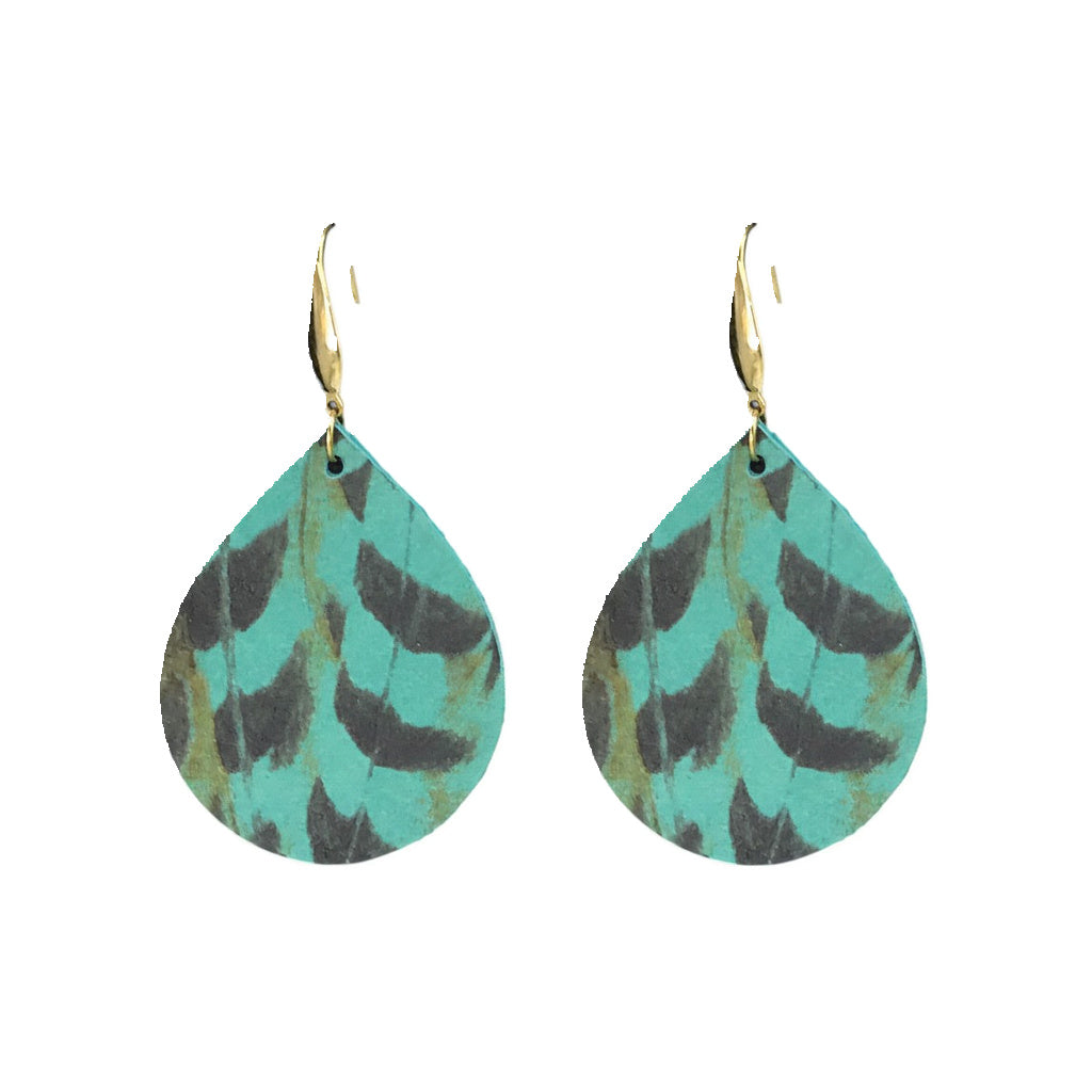 Aqua Pheasant Feather Print Leather Earrings