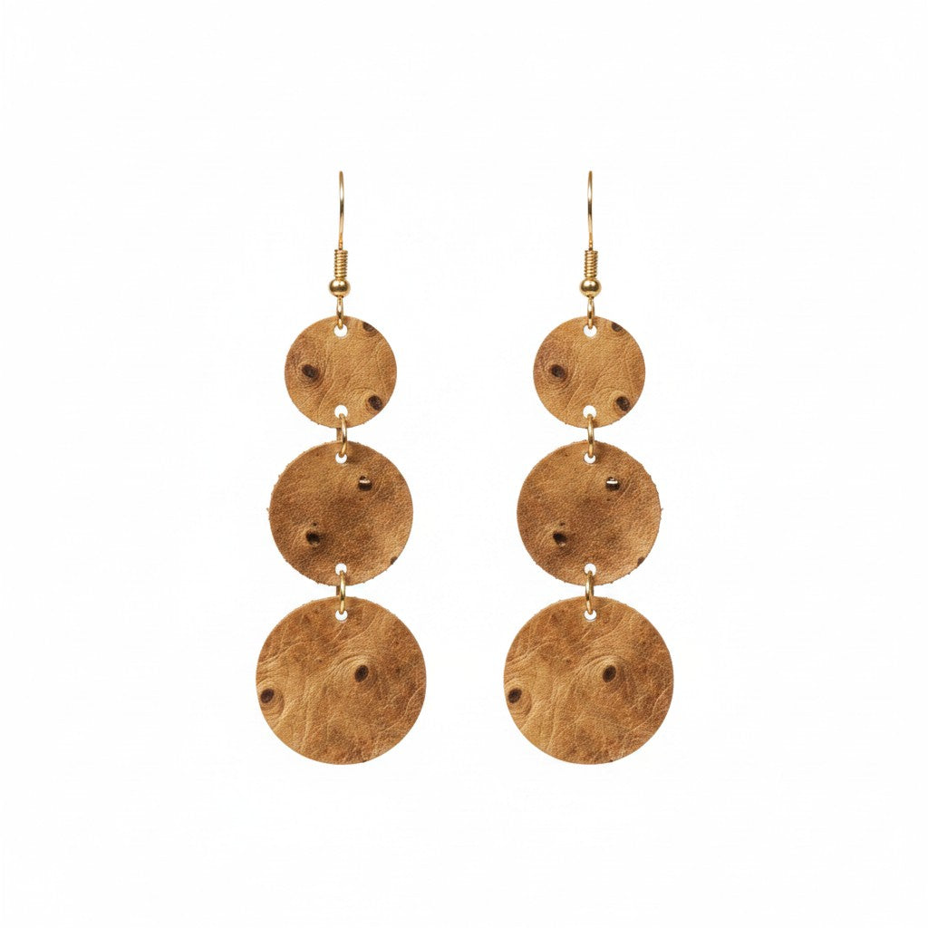 Rustic Pecan Ostrich Triple Circle Leather Earrings