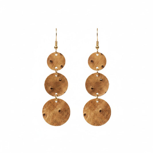 Rustic Pecan Ostrich Triple Circle Leather Earrings