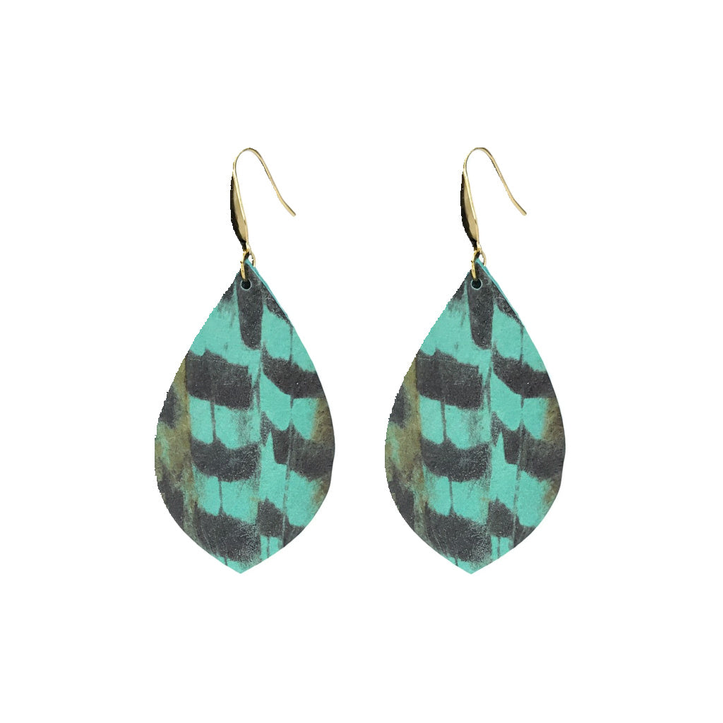Aqua Pheasant Feather Curved Leaf Leather Earrings