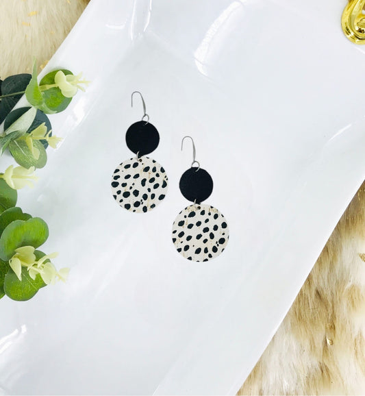 Black Leather and Mini Black Cheetah Cork Leather Earrings - E19-1793