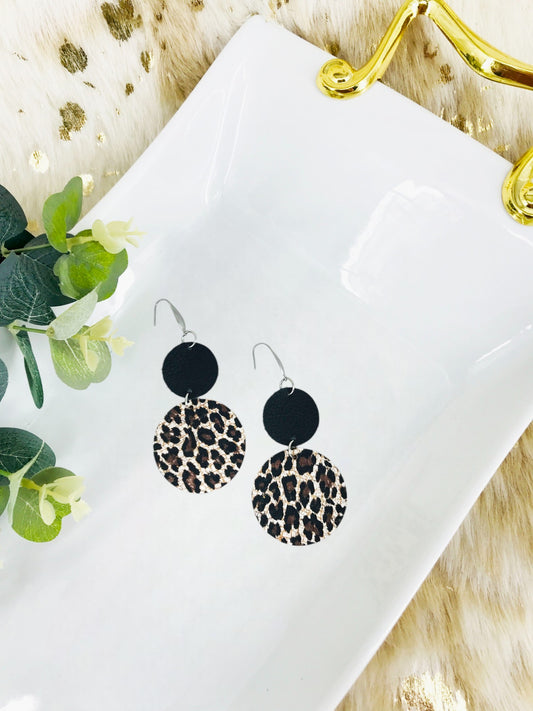 Black Leather and Cheetah Cork Leather Earrings - E19-1802