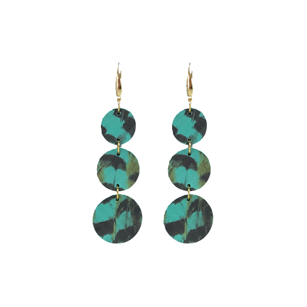 Aqua Pheasant Feather Triple Circle Leather Earrings