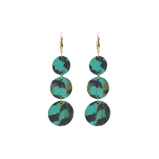 Aqua Pheasant Feather Triple Circle Leather Earrings