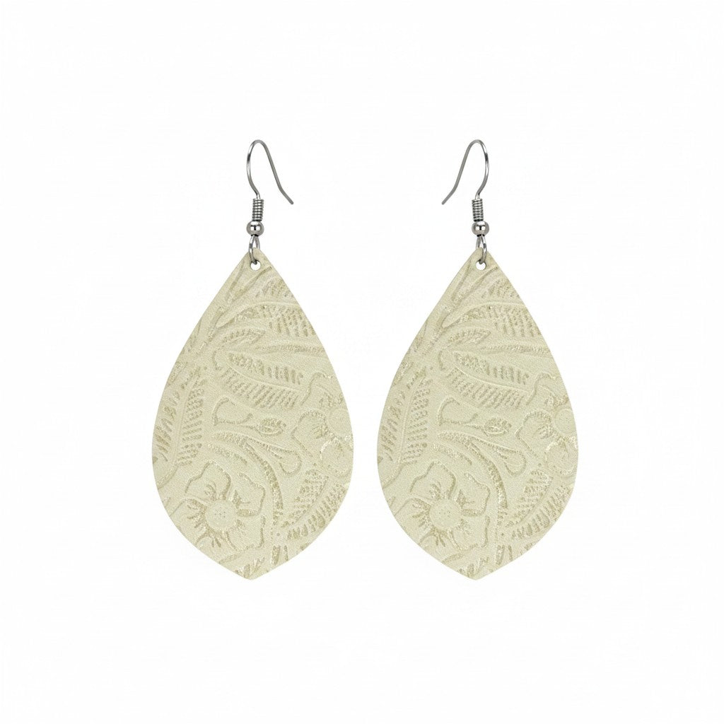 Platinum Garibaldi Rose Curved Leaf Leather Earrings