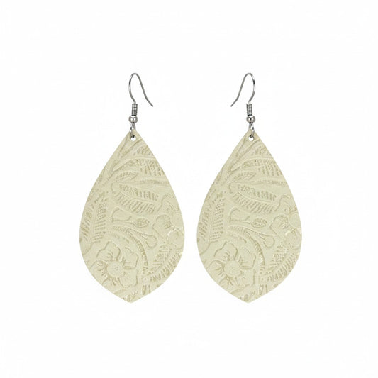 Platinum Garibaldi Rose Curved Leaf Leather Earrings