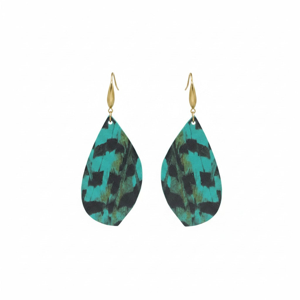Aqua Pheasant Feather Curved Leaf Leather Earrings