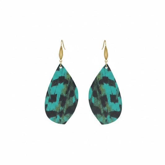 Aqua Pheasant Feather Curved Leaf Leather Earrings