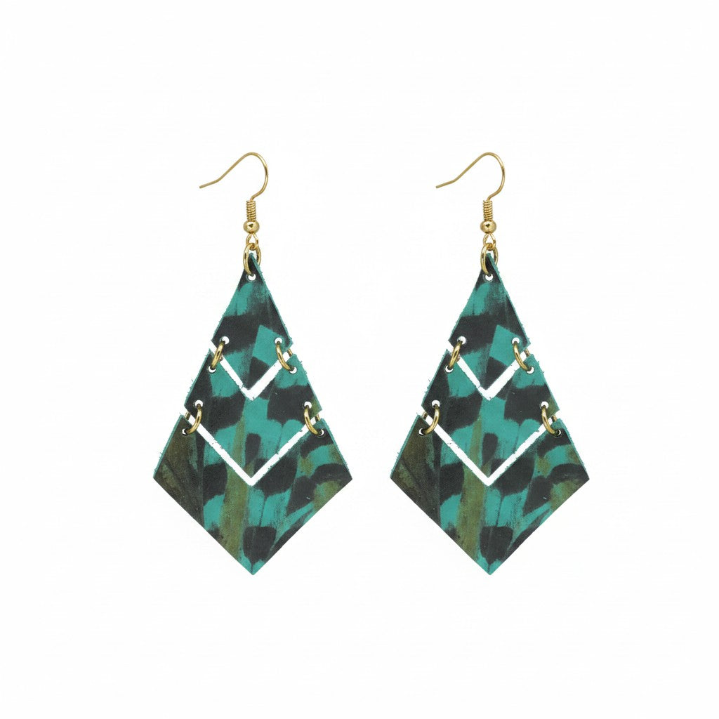 Aqua Pheasant Feather Triple Diamond Leather Earrings