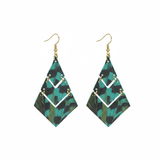 Aqua Pheasant Feather Triple Diamond Leather Earrings