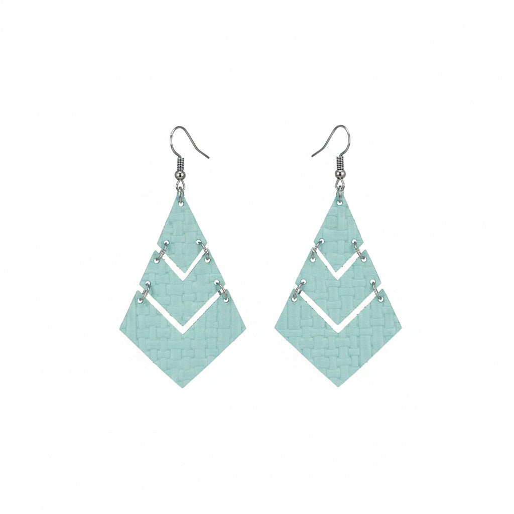 Robin Egg Mint Basket Weave Triple Diamond Leather Earrings