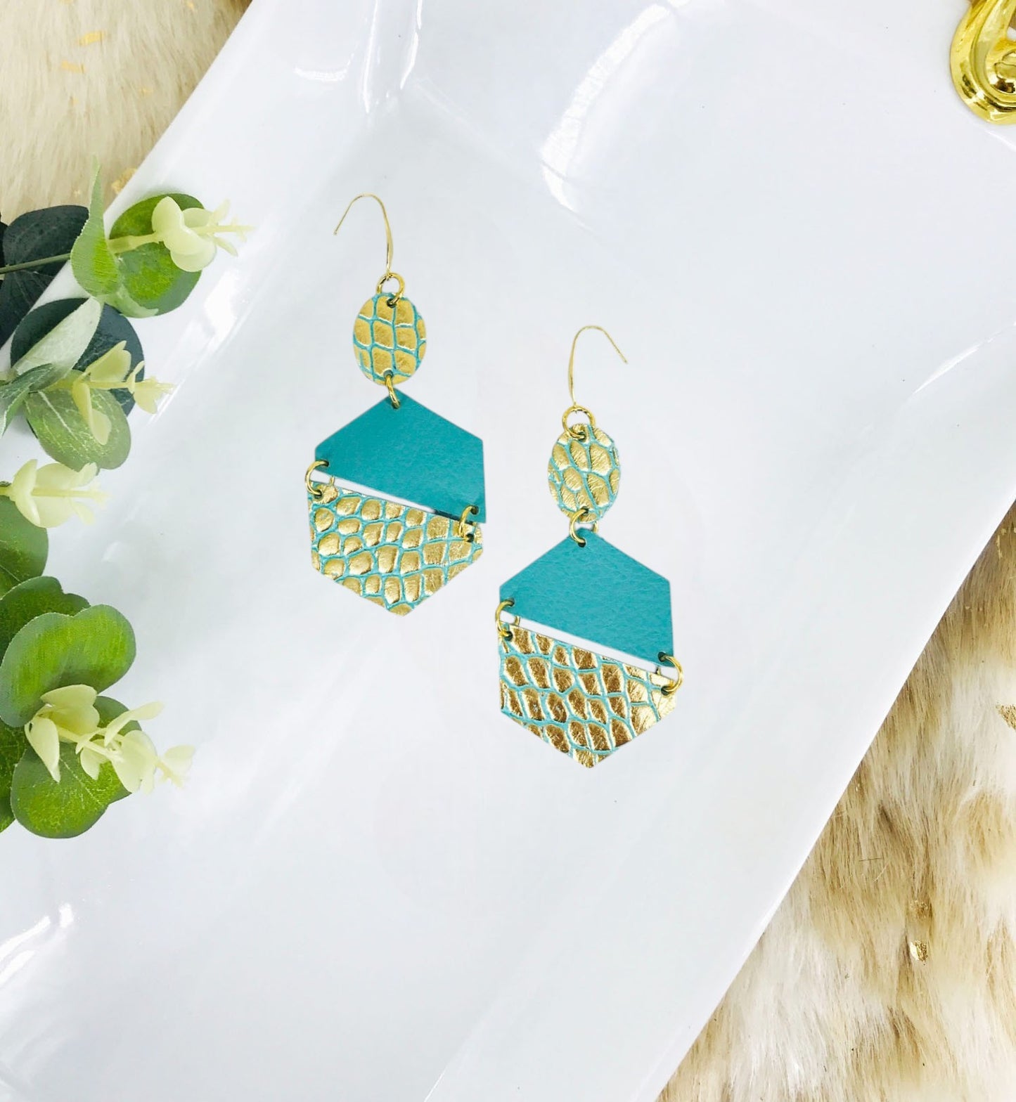 Aqua and Gold on Teal Genuine Leather Earrings - E19-1829