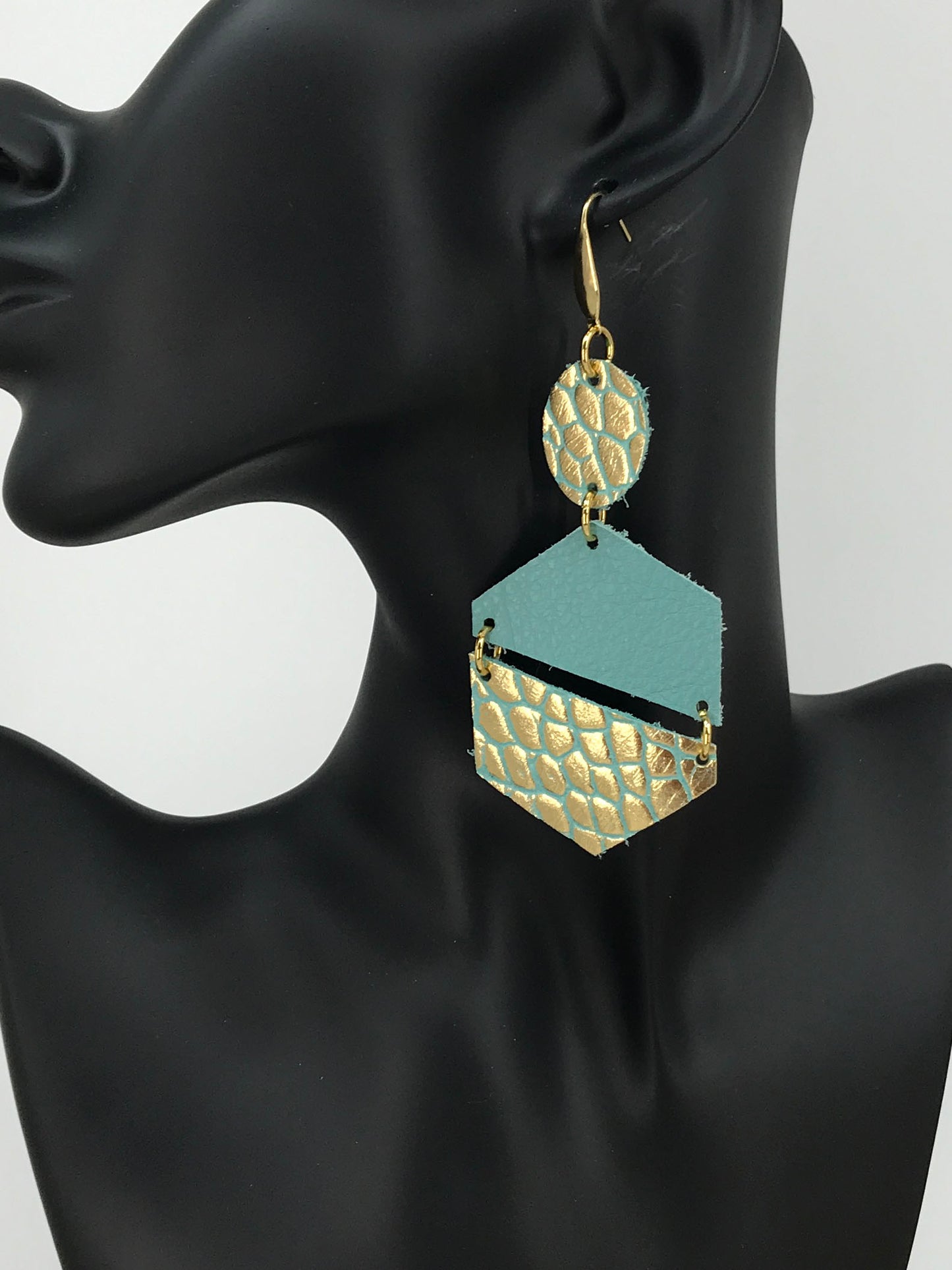 Aqua and Gold on Teal Genuine Leather Earrings - E19-1829