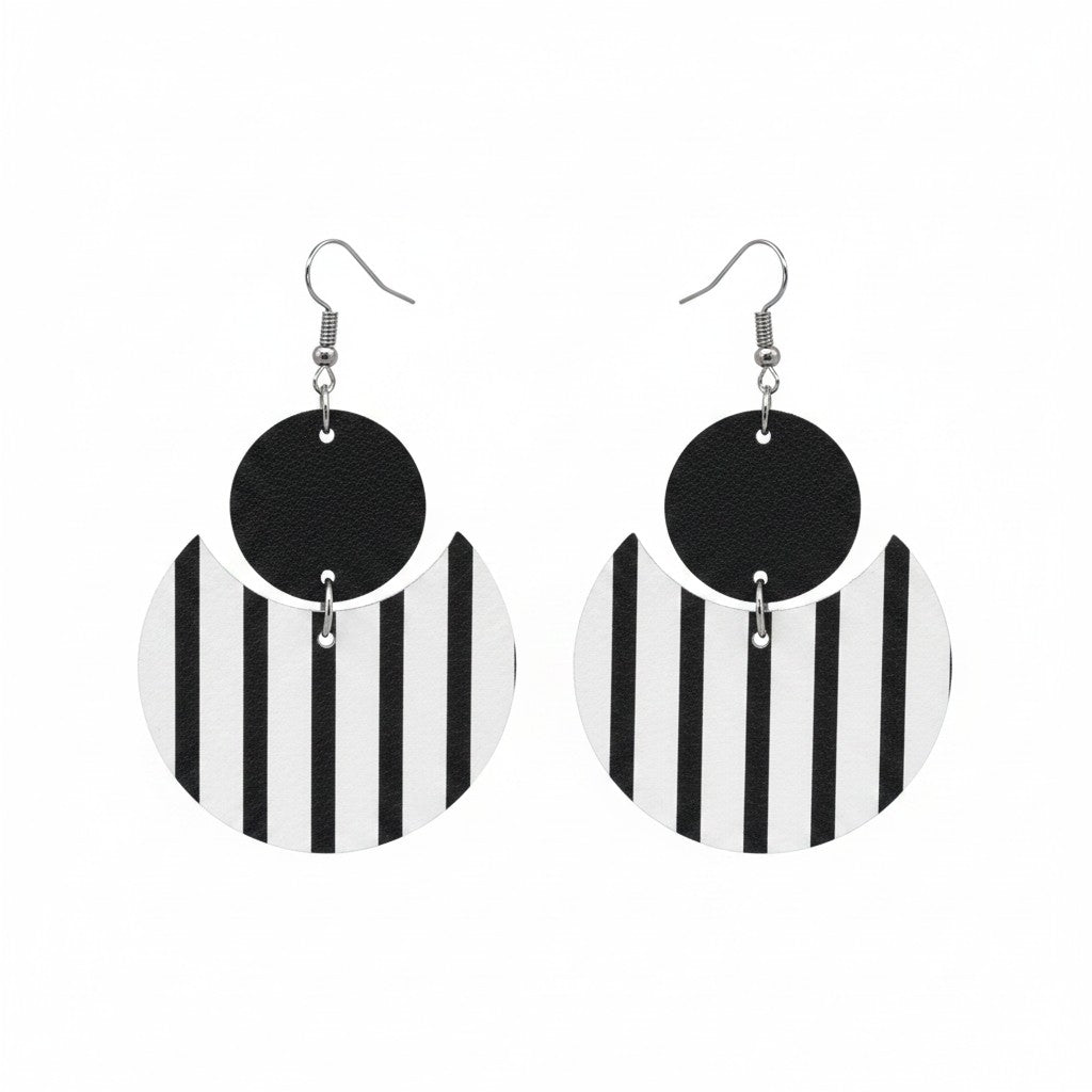Black Duchess Striped Double Circle Leather Earrings