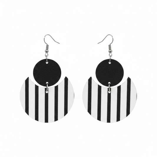Black Duchess Striped Double Circle Leather Earrings