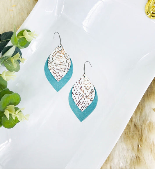 Blue Green Leather and Snake Skin Leather Earrings - E19-1834