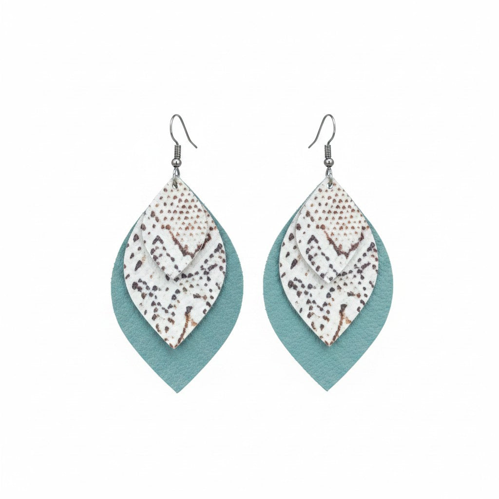 Blue Green Snake Leather Earrings