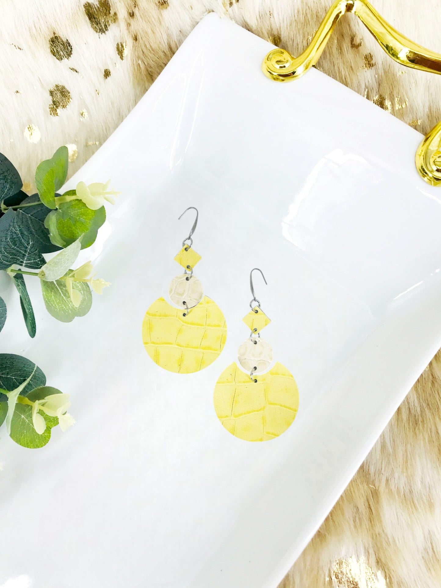 Ivory and Yellow Genuine Leather Earrings - E19-1835