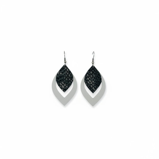 Metallic Silver and Black Snake Layered Leather Earrings