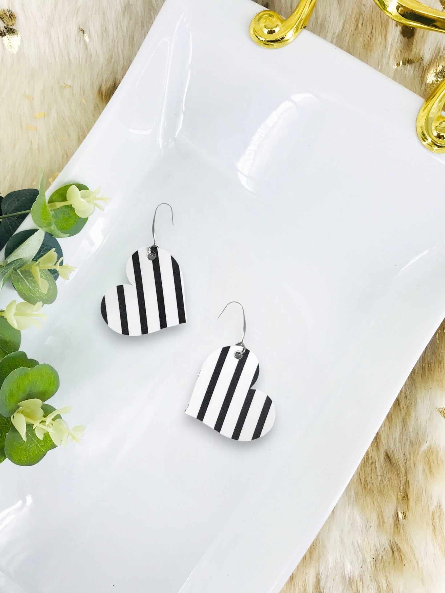 Black & White Stripe Heart Leather Earrings