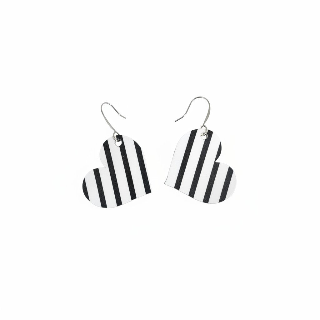 Black & White Stripe Heart Leather Earrings