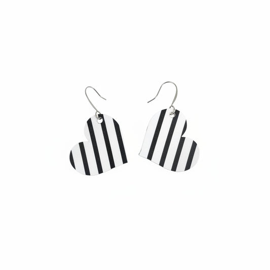 Black & White Stripe Heart Leather Earrings