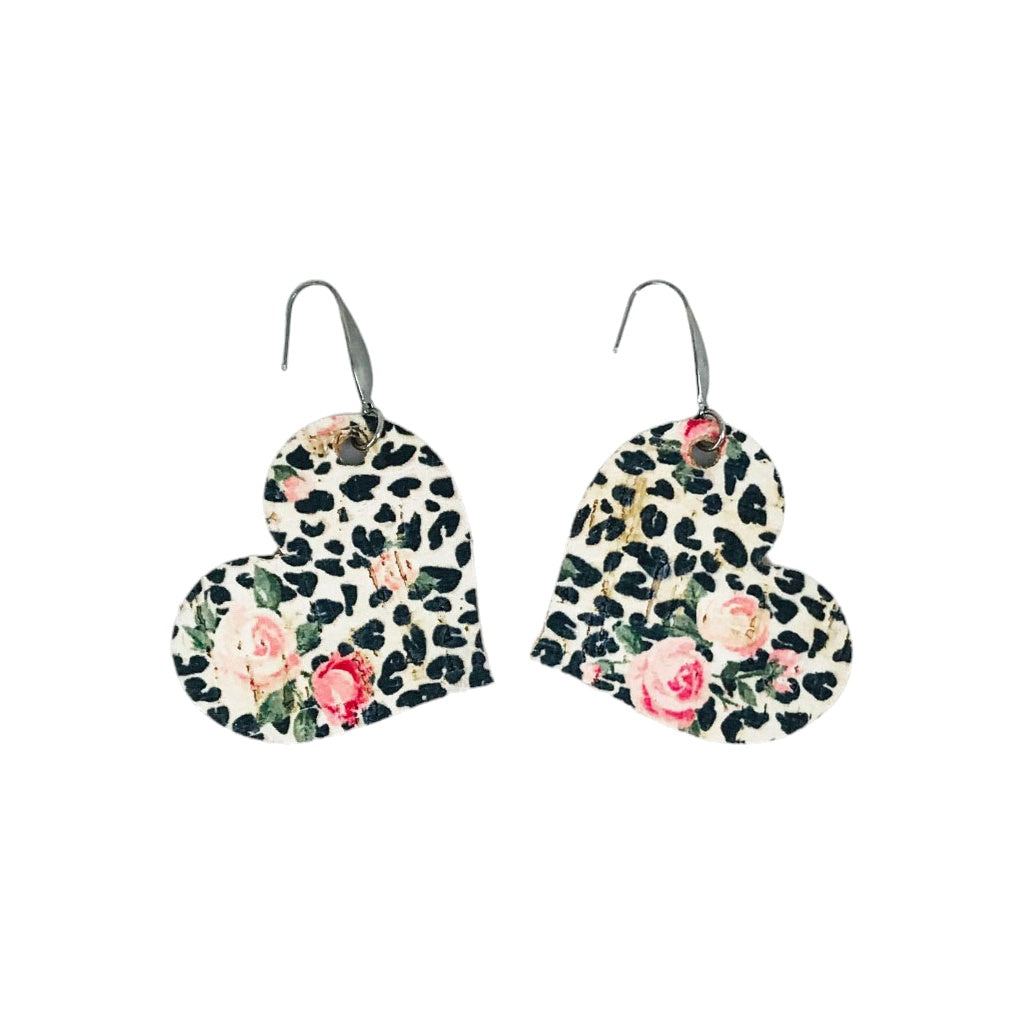 Rose Leopard Cork Heart Earrings