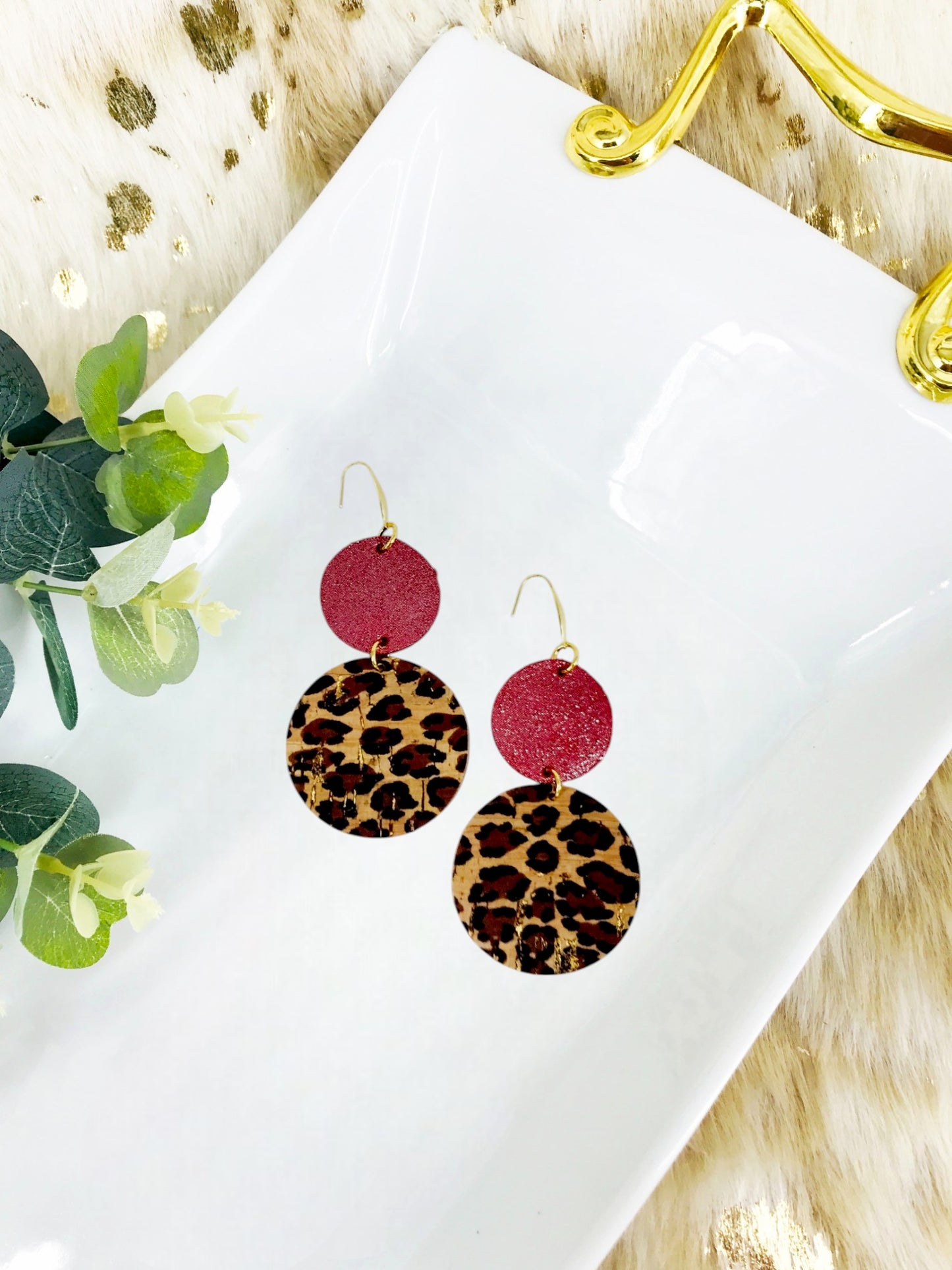 Cork on Leather and Red Dazzle Leather Earrings - E19-1851