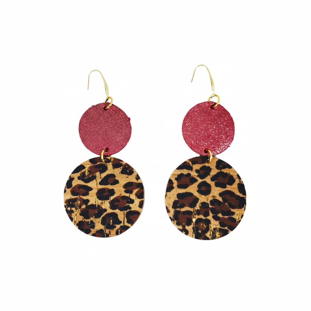Red Dazzle & Baby Cheetah Cork Circle Earrings