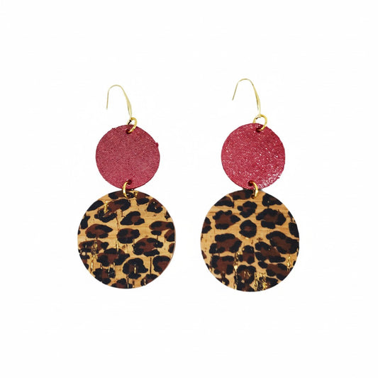 Red Dazzle & Baby Cheetah Cork Circle Earrings
