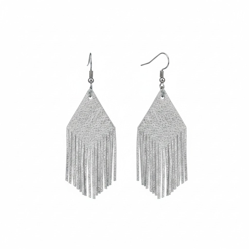 Silver Fringe Genuine Leather Earrings