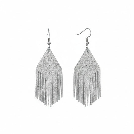 Silver Fringe Genuine Leather Earrings