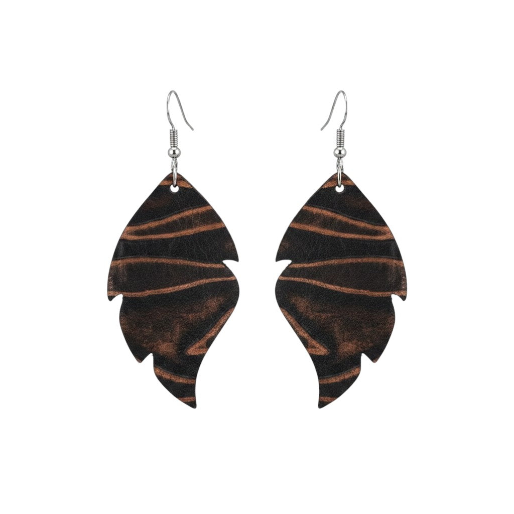 Brown Stripe Embossed Feather Leather Earrings