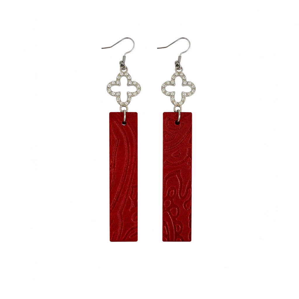 Ruby Embossed Leather Clover Charm Earrings