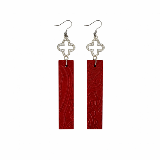 Ruby Embossed Leather Clover Charm Earrings