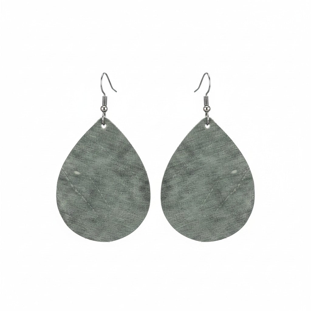 Distressed Gray Teardrop Leather Earrings