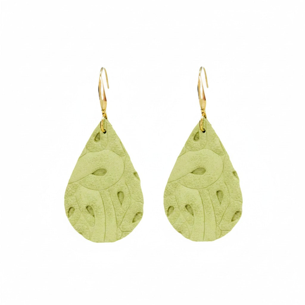 Green Embossed Floral Teardrop Leather Earrings