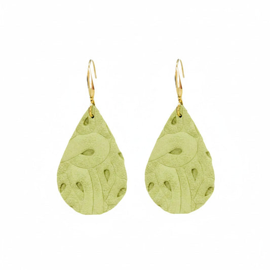 Green Embossed Floral Teardrop Leather Earrings